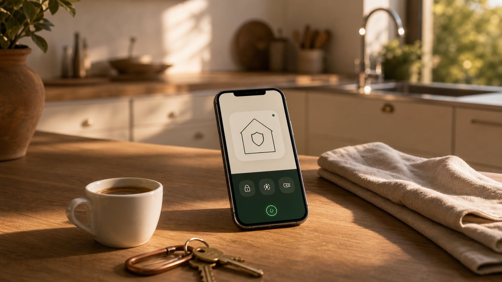Smartphone affichant une interface sécurité épurée sur un plan de cuisine français en lumière chaude.