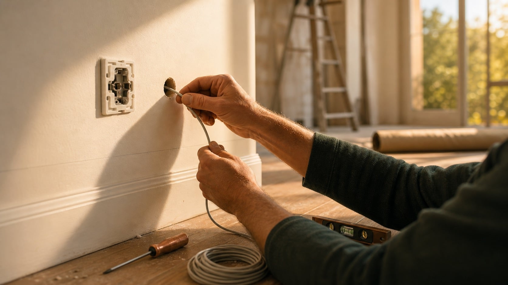 Mains d'artisan passant un câble bas voltage dans une cloison crème, lumière dorée d'après-midi.