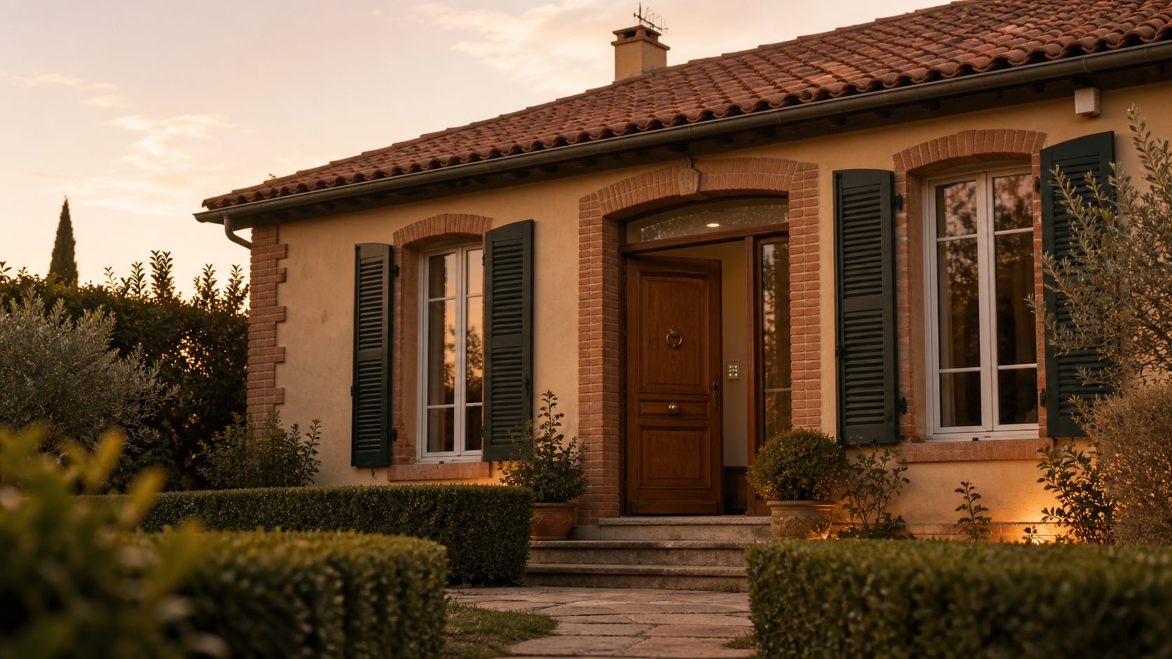 Maison toulousaine traditionnelle en briques rouges avec capteur d'ouverture et sirène discrets sous l'avant-toit, lumière dorée.