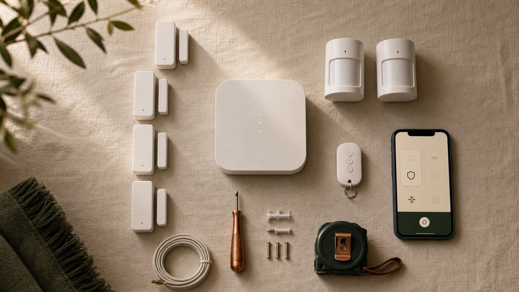 Flat-lay éditorial d'un kit alarme sans fil moderne sur lin crème.