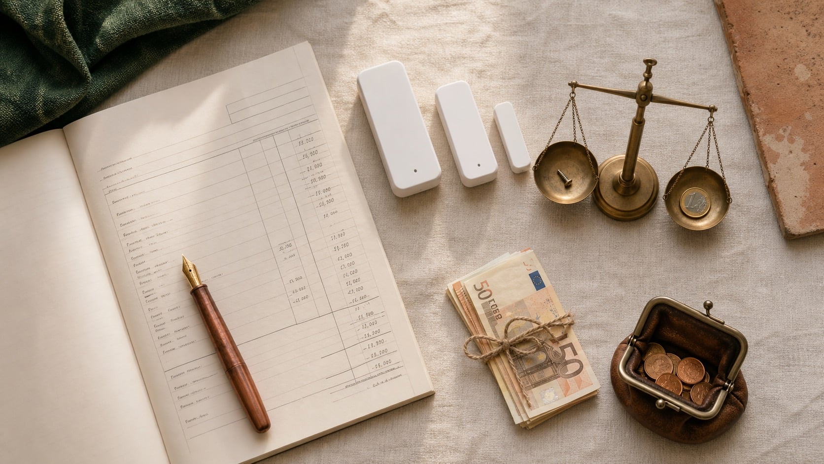 Flat-lay éditorial : facturier ouvert, stylo cuivré et balance laiton sur lin crème.