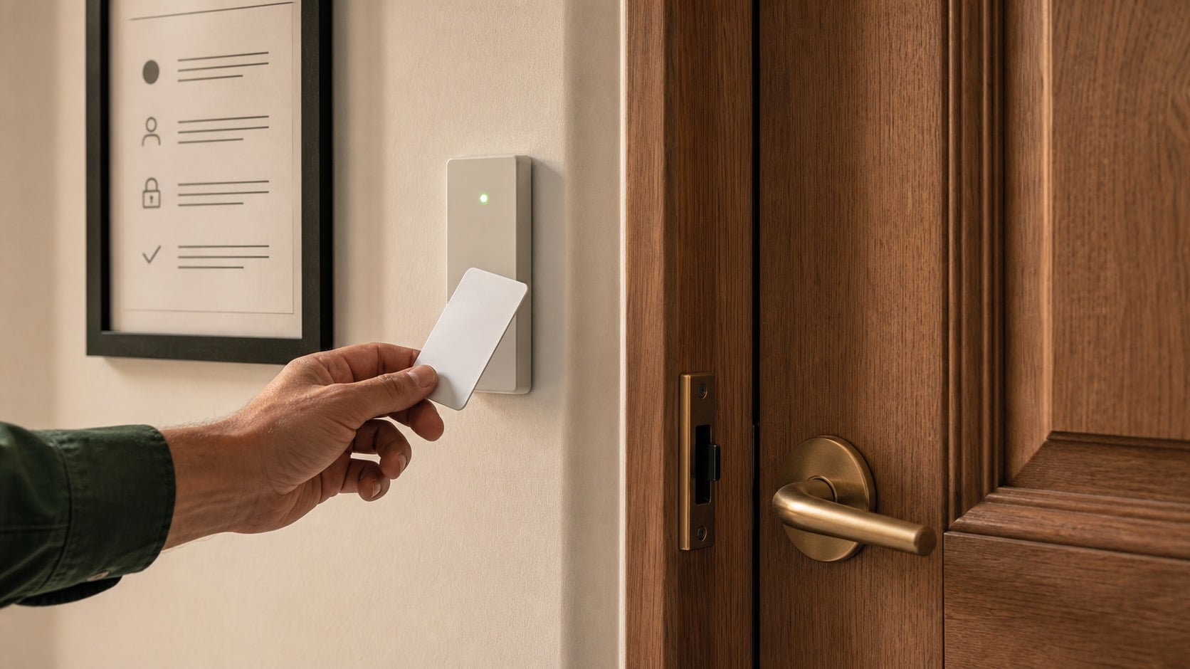 Main approchant un badge RFID d'un lecteur mural avec LED verte d'accès accordé.