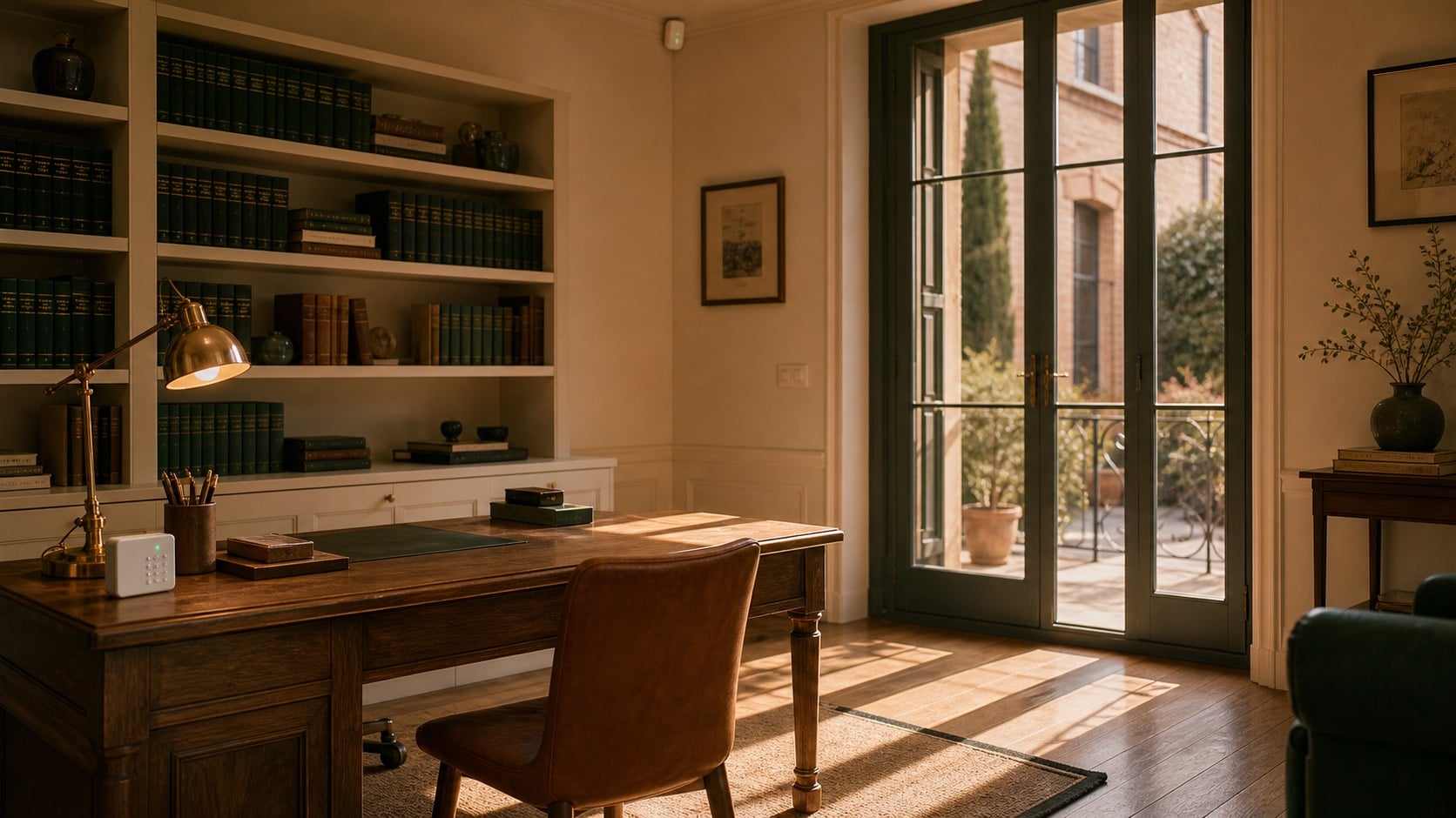 Bureau professionnel toulousain calme avec détecteur de mouvement discret au plafond.