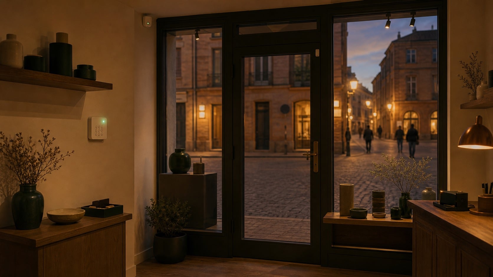 Magasin en fermeture nocturne, clavier alarme vert allumé près de la porte.
