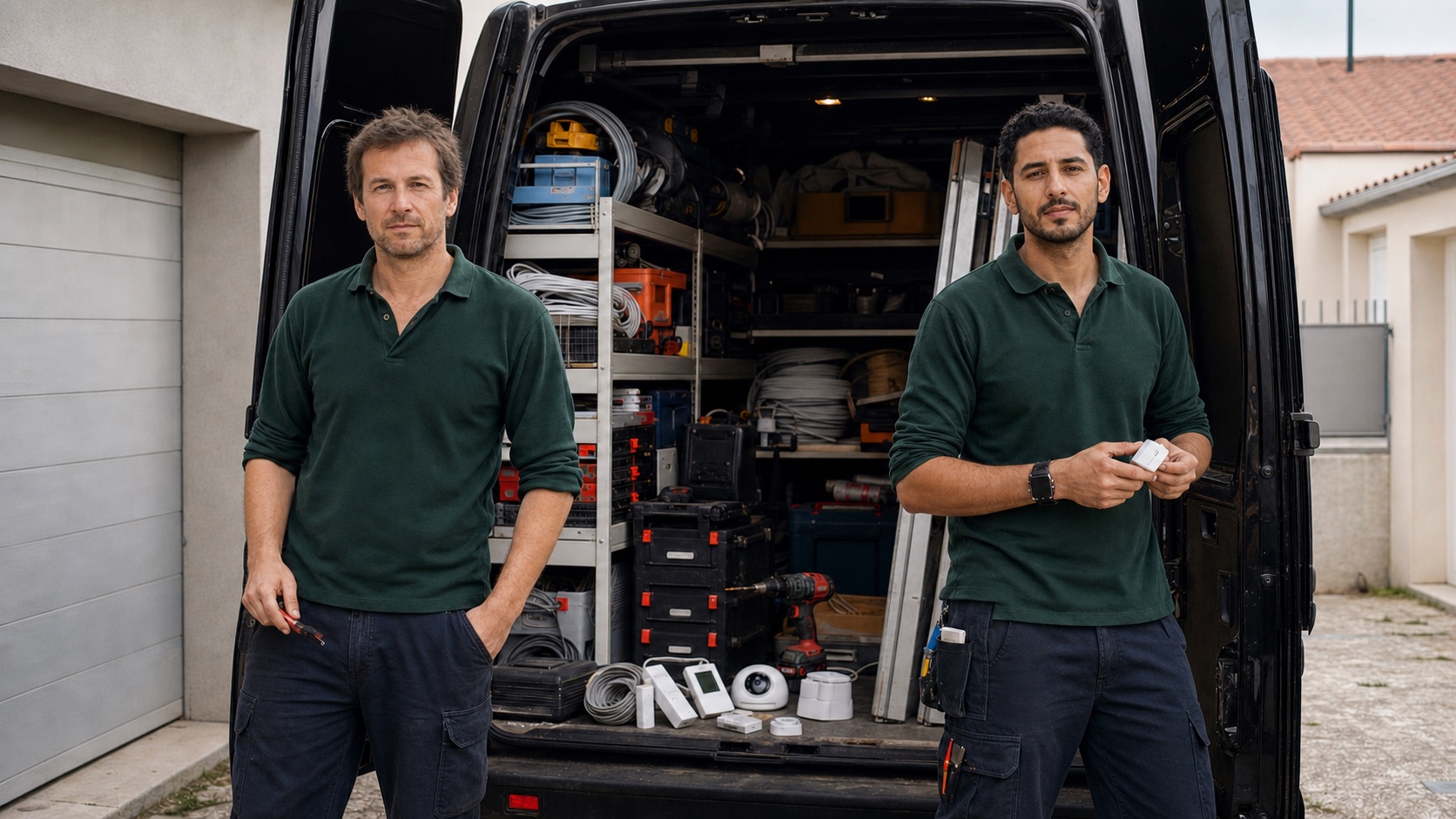 Julien et Karim, installateurs d’alarme, devant leur utilitaire noir ouvert avec le matériel de chantier.