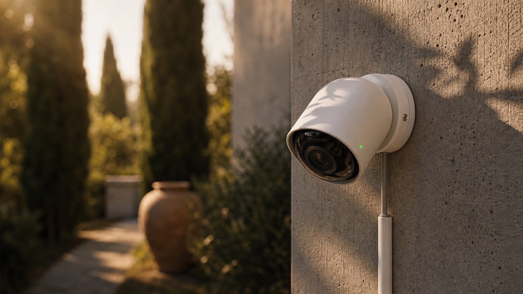 Caméra IP extérieure montée sur un mur de béton, lumière dorée d'après-midi.