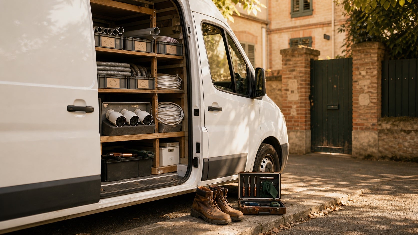 Camionnette d'artisan ouverte devant une maison en pierre à Toulouse.