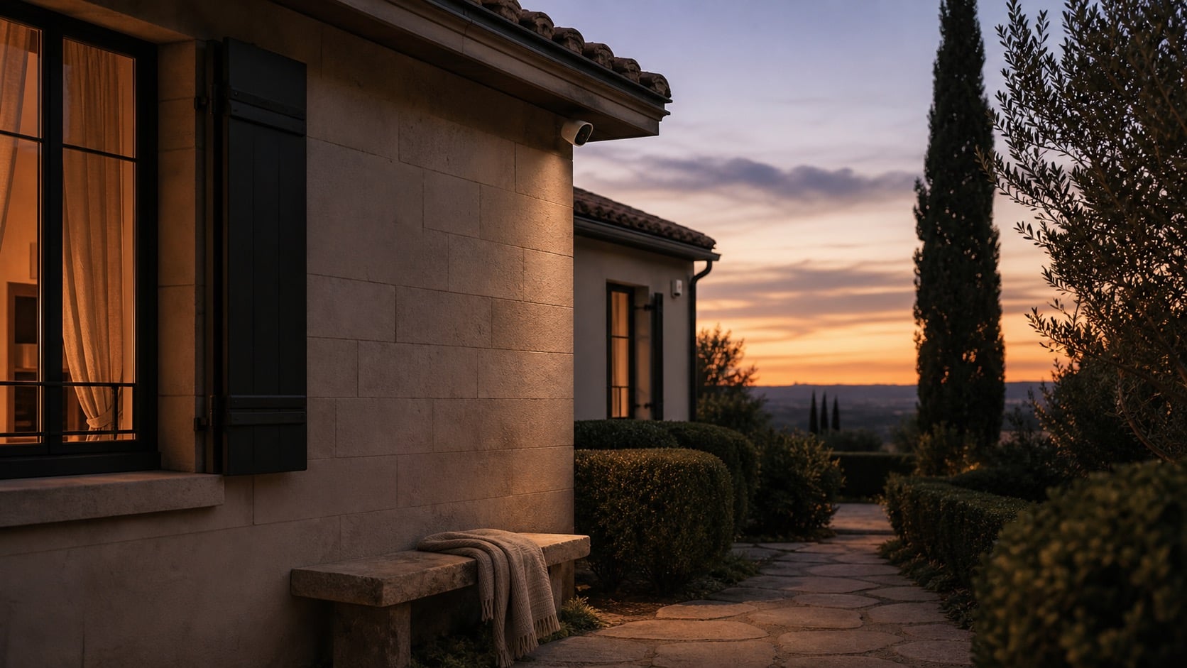 Caméra de surveillance blanche discrète sous l'avant-toit d'une maison française au crépuscule.